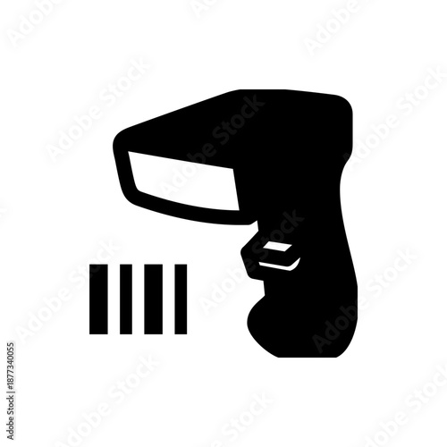 A minimalist vector graphic of a barcode scanner in silhouette, with a flat design and transparent background