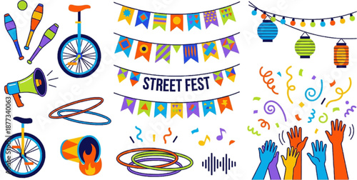 Street festival icon set featuring flags, bunting, banners, bicycles, drums and festive elements