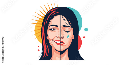Illustration of a woman face split in two showing contrasting emotions of happiness with a smile and sadness with tears.