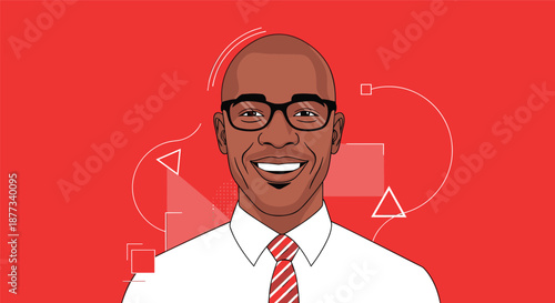Smiling middle aged African American man wearing glasses and a formal white shirt with a striped tie against a vibrant red background.
