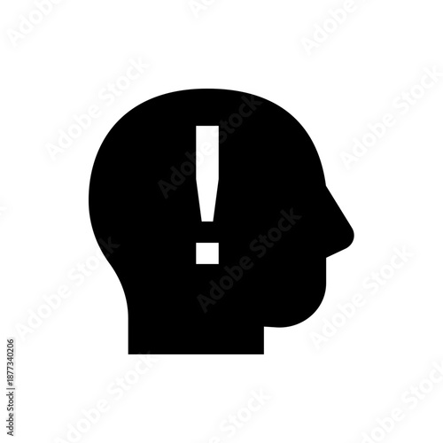 A black silhouette of a human head with an exclamation mark inside, symbolizing a great idea or sudden realization.