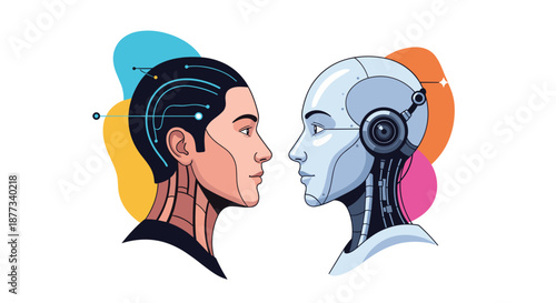 Futuristic concept of a human man and a humanoid robot facing each other, symbolizing the connection between humans and AI.
