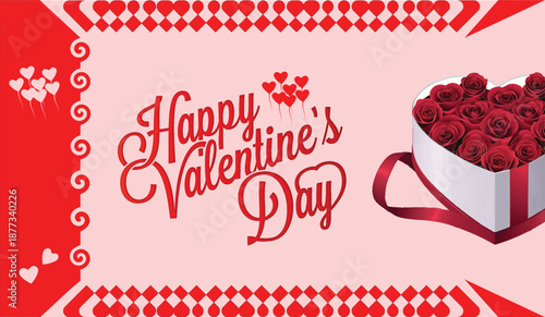 Valentines Day romantic love background with red and pink paper cut hearts soft clouds and festive design