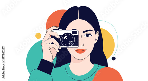 Creative woman holding a vintage camera to her face, covering one eye while looking through the viewfinder on a colorful background.