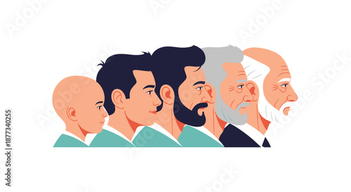 Row of male side profiles showing the progression of aging from a young child to an elderly man with white hair and beard.