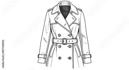 Illustration of a stylish and classic white double breasted trench coat with a belt and buttons against a plain white background.