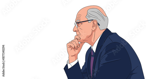 Side profile of a thoughtful senior businessman in a navy suit and glasses with his hand on his chin against a white background.