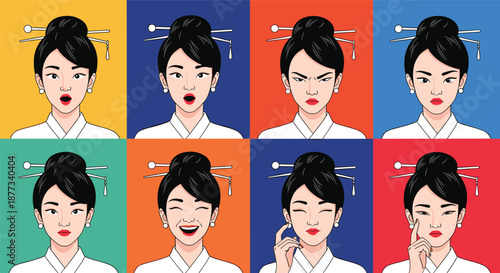 Grid of eight colorful portraits showing an Asian woman in traditional clothing with a variety of facial expressions.