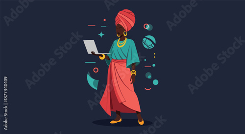 Elegant African woman in a traditional colorful dress and headwrap holding a laptop against a dark background with abstract shapes.