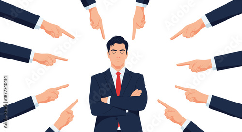 Confident businessman standing with his arms crossed while many hands point at him, suggesting resilience against criticism.