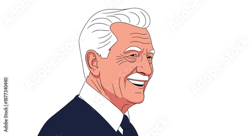 Cheerful and smiling senior man with white hair and a mustache looking towards the side against a clean white background.