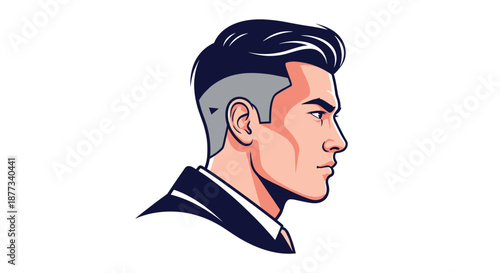 Sharp side profile of a handsome young man with a modern fade haircut and a clean shaven look against a white background.