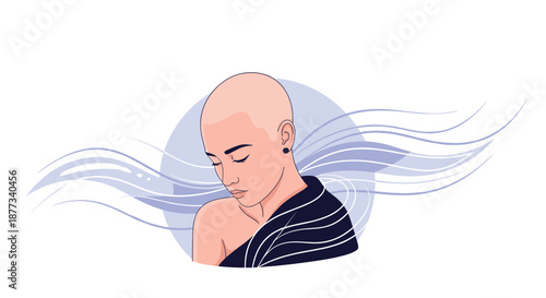 Pensive bald woman looking down with her eyes closed against a light blue circular background with flowing lines.