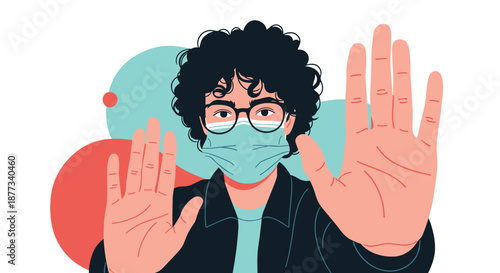 Man wearing a blue surgical face mask and holding up both hands in a stop gesture as a sign of safety and protection.