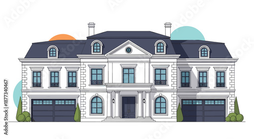 Grand mansion featuring white facade with symmetrical windows and dark blue roofing stands elegantly against a minimalist background.