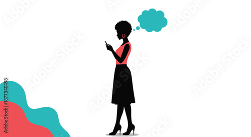 Silhouette of a stylish woman using her smartphone with a thought bubble above her head represents modern communication and digital ideas.