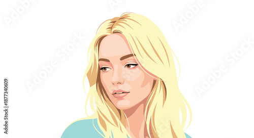 Soft portrait of a pensive blonde woman looking down with a gentle expression against a minimalist white background in vector style.
