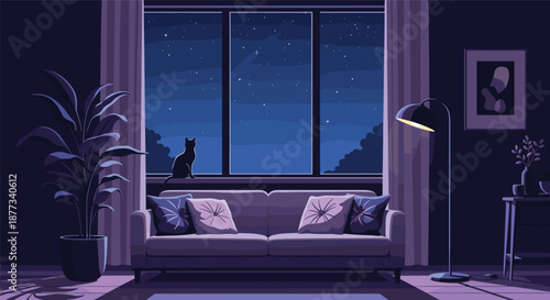 Peaceful modern living room at night featuring a cozy sofa and a cat silhouette watching the starry sky from a window ledge.