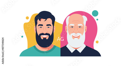 Comparison of a younger man with a black beard and an older man with a white beard representing different stages of life and aging.