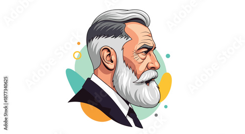 Modern profile of a distinguished senior man with a stylish undercut haircut and full white beard against a decorative backdrop.