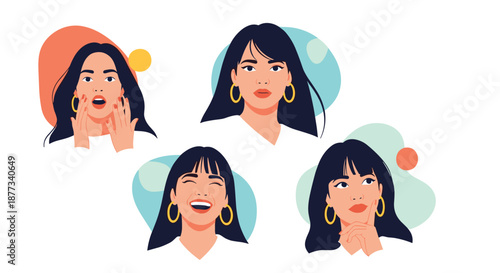 Collection of four different facial expressions from the same woman showing surprise, neutrality, laughter, and contemplation.