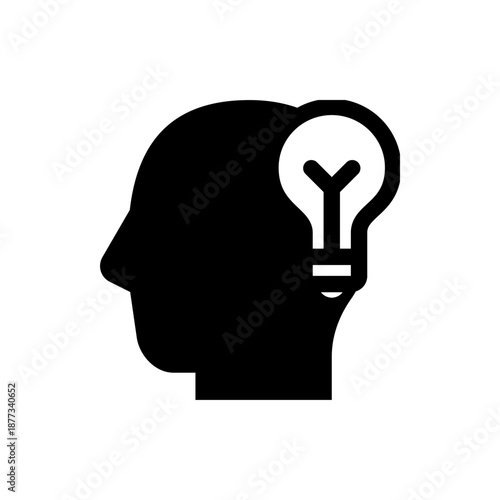 A black silhouette of a human head with a lightbulb idea in a minimalist vector graphic design