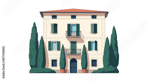 Elegant three-story Italian villa with cream walls and green shutters surrounded by tall cypress trees under a clear sky.