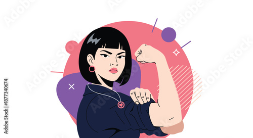 Empowered young woman with short black hair flexes her arm in a pose of strength and female empowerment against a pink background.