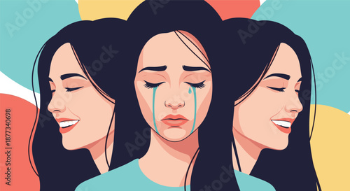 Conceptual illustration showing the duality of emotions with a crying woman at the center flanked by her own smiling expressions.
