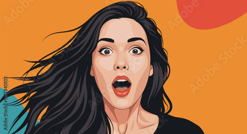 Expressive close up of a woman with long dark hair and wide eyes reacting in shock or amazement against an orange backdrop.