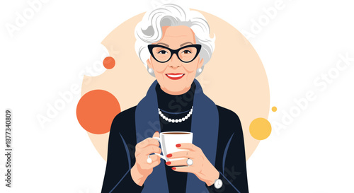 Sophisticated senior woman with white hair and cat eye glasses smiles while holding a cup of coffee against a warm background.