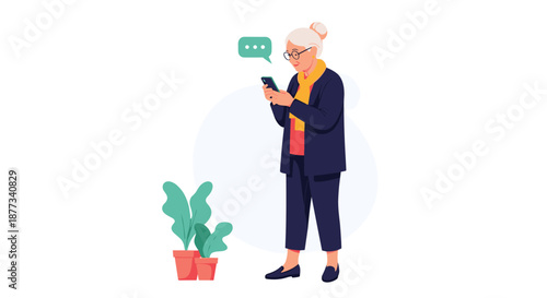 Modern grandmother with white hair and glasses uses her smartphone to send a message while standing near a potted houseplant.