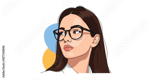 Young woman wearing black framed glasses and a white shirt looks thoughtfully to the side against a colorful circular background.