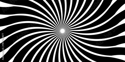Hypnotic spirals background. Radial optical illusion. Black and white swirl tunnel wallpaper. Horizontal spinning concentric curves.