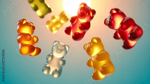 Colorful gummy bears floating