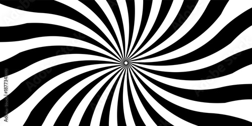 Hypnotic spirals background. Radial optical illusion. Black and white swirl tunnel wallpaper. Horizontal spinning concentric curves.