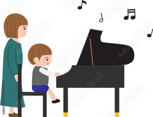 ピアノを弾く男の子と先生と音符