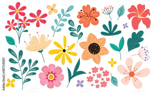 Spring Flowers clipart set. Colorful Spring Flowers clip art like daisy, chamomile and daffodil floral design flat drawing decorative symbol collection botanical plant vector illustration.
