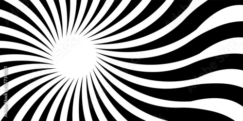 Hypnotic spirals background. Radial optical illusion. Black and white swirl tunnel wallpaper. Horizontal spinning concentric curves.