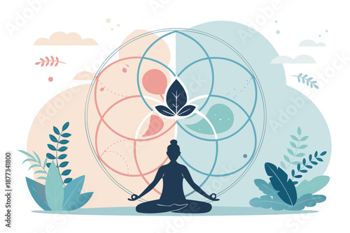 Silhouette in serene meditation achieving inner peace within a geometric mandala circle symbolizing balance and harmony amidst stylized botanical elements and pastel colors