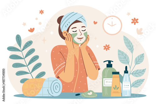 Applying facial mask for skincare and beauty woman in spa enjoying self care with cleansing treatment serums and relaxing home routine bathed in soft natural light
