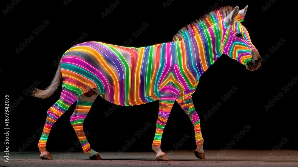 Fototapeta premium Neon LED Striped Zebra Art Installation Urban Gallery Digital Artwork Vibrant Environment Side View Light Concept