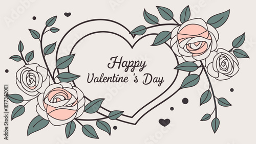 Happy Valentine's Day heart with roses and leaves