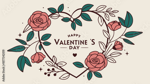 Happy Valentine's Day floral heart with roses and leaves