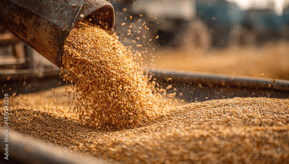 custom made wallpaper toronto digitalGolden wheat grains pouring from a harvester into a silo, embodying the essence of harvest season and agricultural abundance.