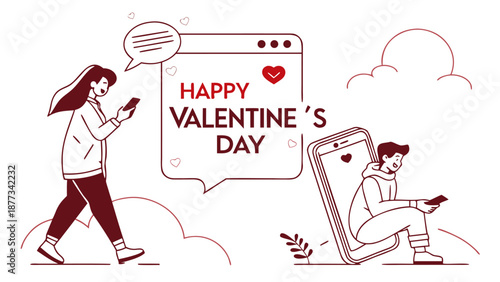 Happy Valentine's Day couple texting on smartphones with heart message