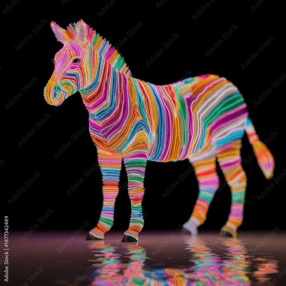 Fototapeta premium Neon LED Striped Zebra in Abstract Art Digital Environment High-Resolution Imagery Creative Concept