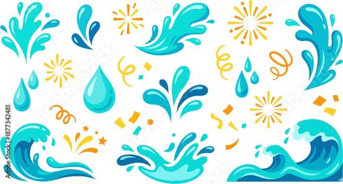 Water droplets splash and wave icon set liquid elements flat design vector illustration