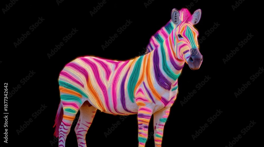 Fototapeta premium Neon LED Striped Zebra Artwork Digital Art Dark Background Vibrant Colors Imaginative Concept
