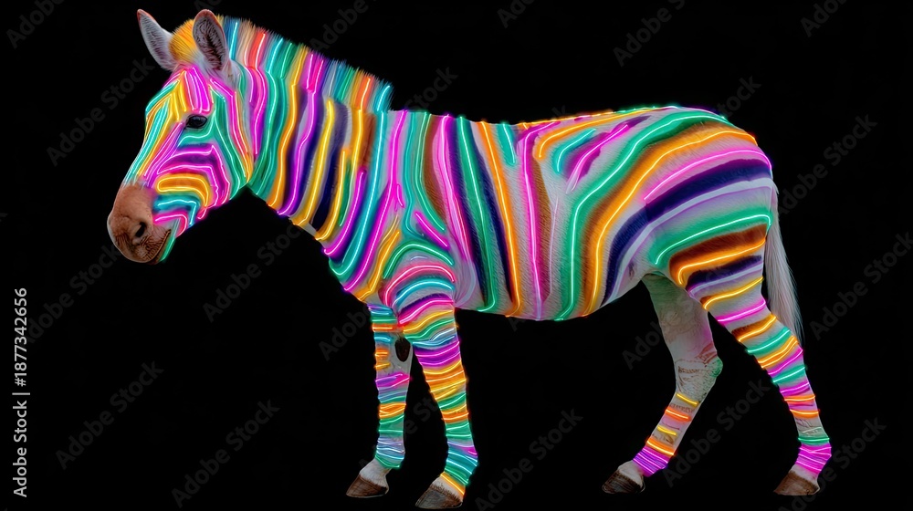 Fototapeta premium Neon LED Striped Zebra Art Digital Creation Colorful Environment Gigapixel Quality Vibrant Viewpoint
